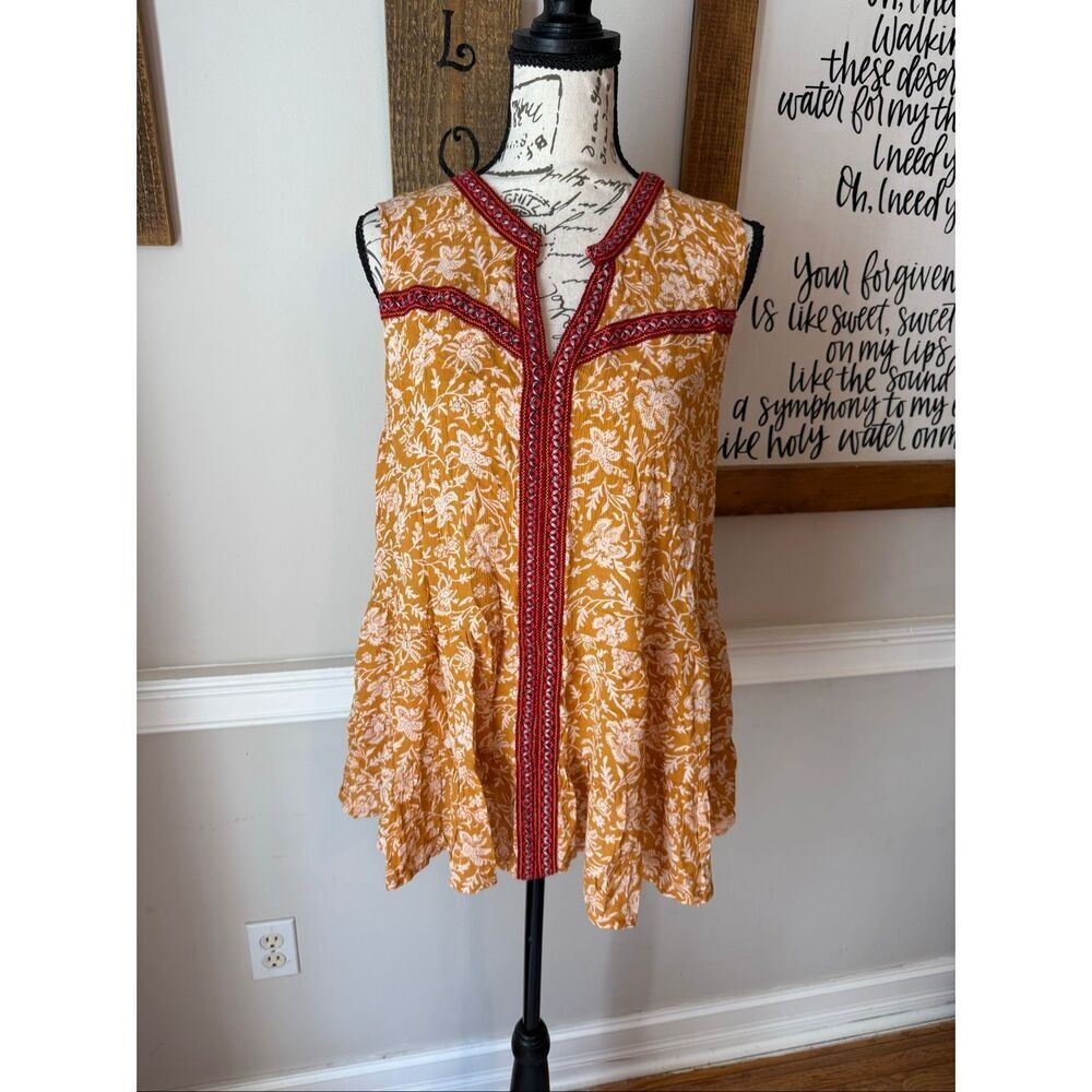 Democracy Women's Floral Sleeveless Ruffle Peplum Tunic Tank Mustard 1X